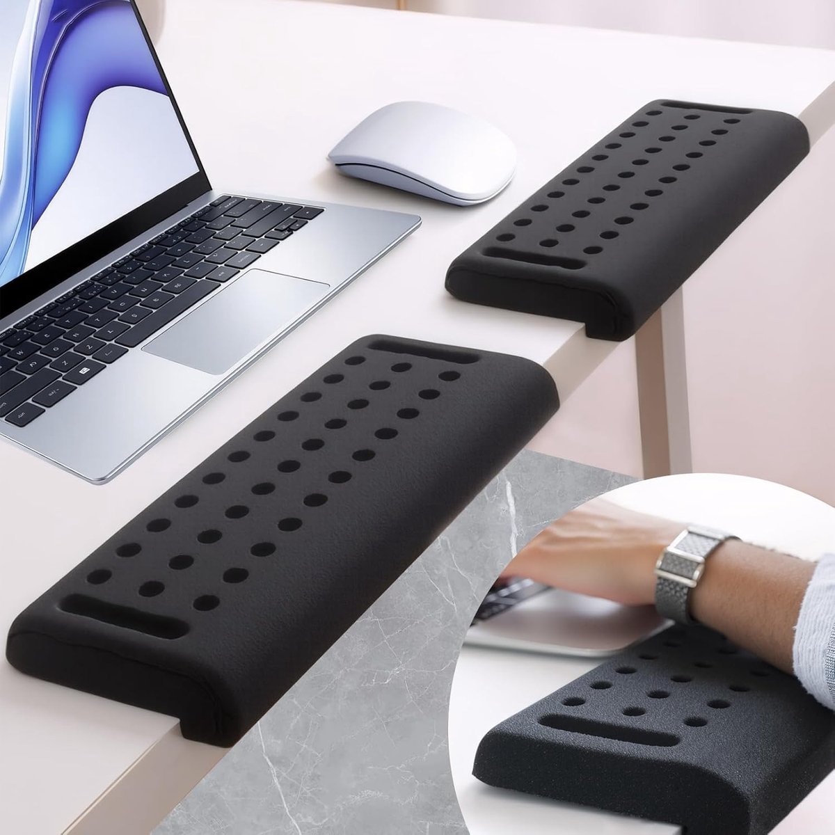 Thijox - 2 stuks L-vormige polssteunen voor toetsenbord, ergonomisch traagschuim, antislip, zwart, 30x10 cm, ideale bureau-elleboogsteun voor kantoor
