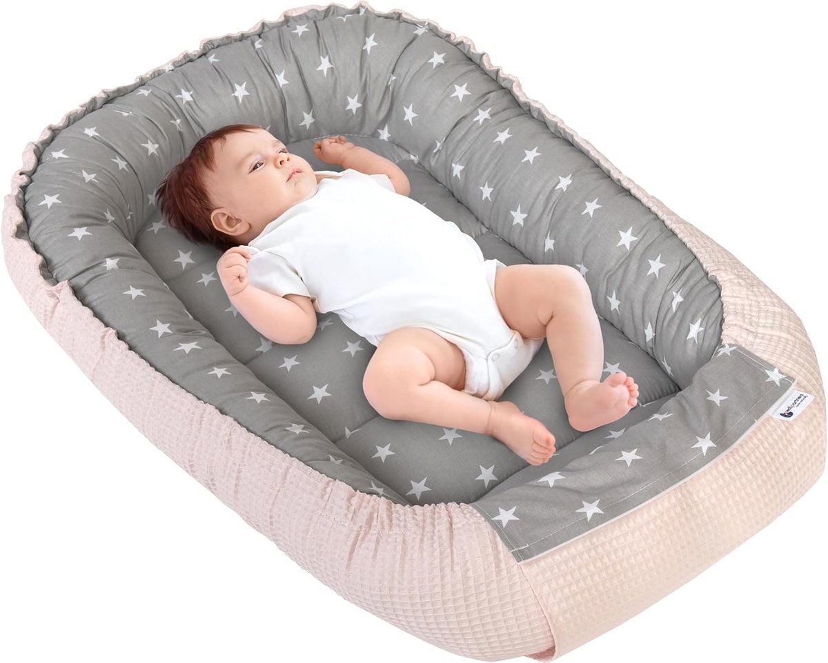 SnelShoppen - Baby Nest Cuddle Nest 100% Katoen Waffle Reisbed voor Baby's en Peuters 100x60x15cm Veilig Sluiten (Sterren met Lichtroze Waffle)