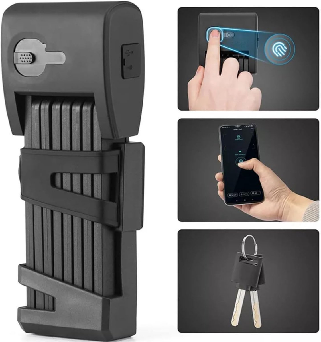 SnelShoppen - Slimme Vouwslot voor Fiets, Vingerafdruk, Elektronisch Kabelslot, Bluetooth App Ontgrendeling, Waterdicht, Legering Staal, USB Oplaadbaa
