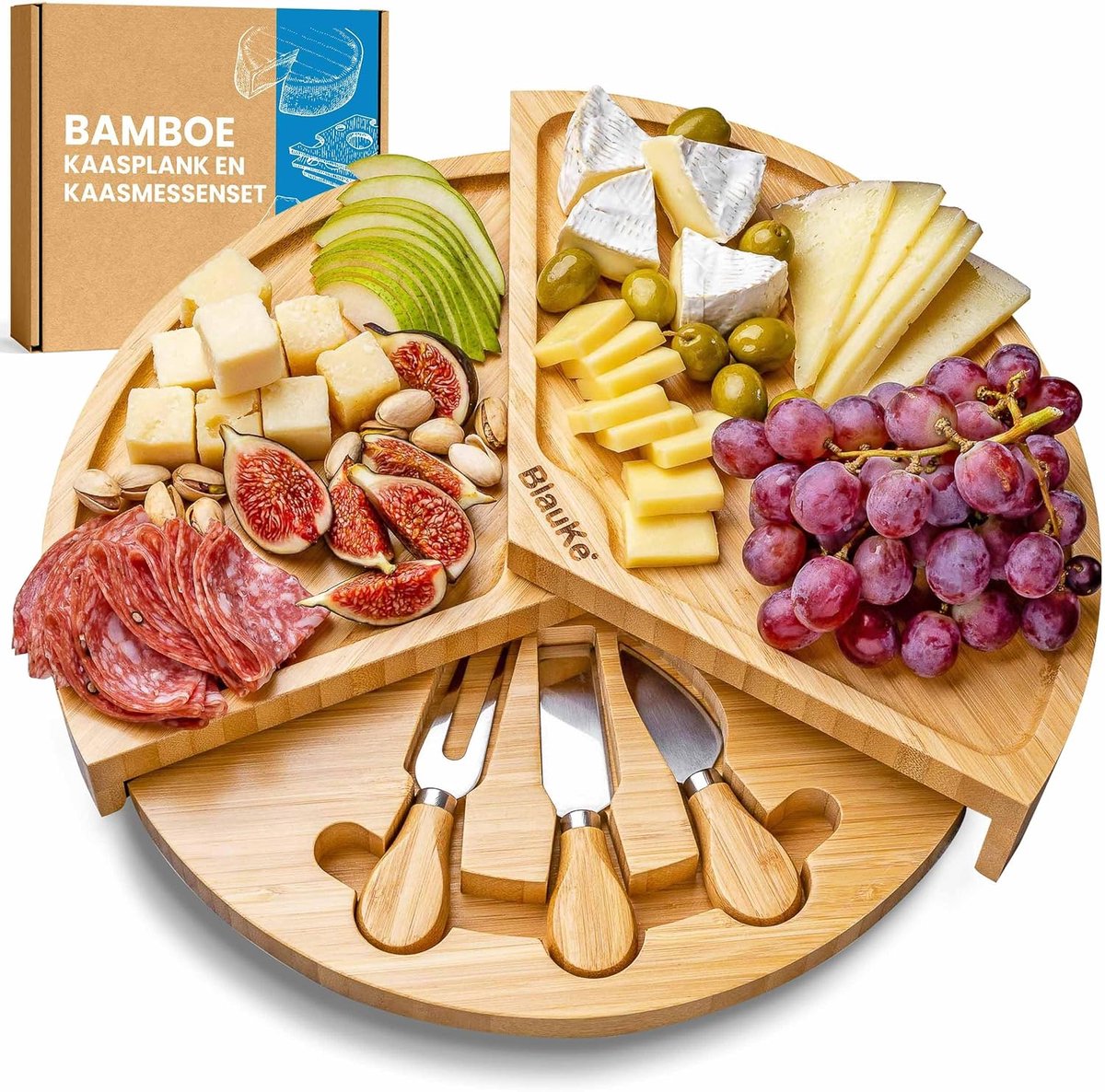 SnelShoppen - Bamboo Kaasplank met 3 Kaasmesjes Set voor 2-3 Personen – Ronde Houten Kaasplateau van 37cm – Perfect voor Feesten, Kerst, Trouwerijen e