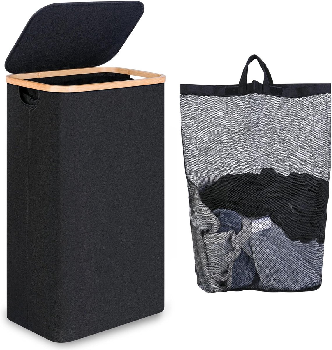 SnelShoppen - Slimme 75L Wasmand met Afneembare Binnenzak, Smalle Opbergmand voor Kleding, Speelgoed en Handdoeken, Zwart, Ideaal voor Thuis en Kinder