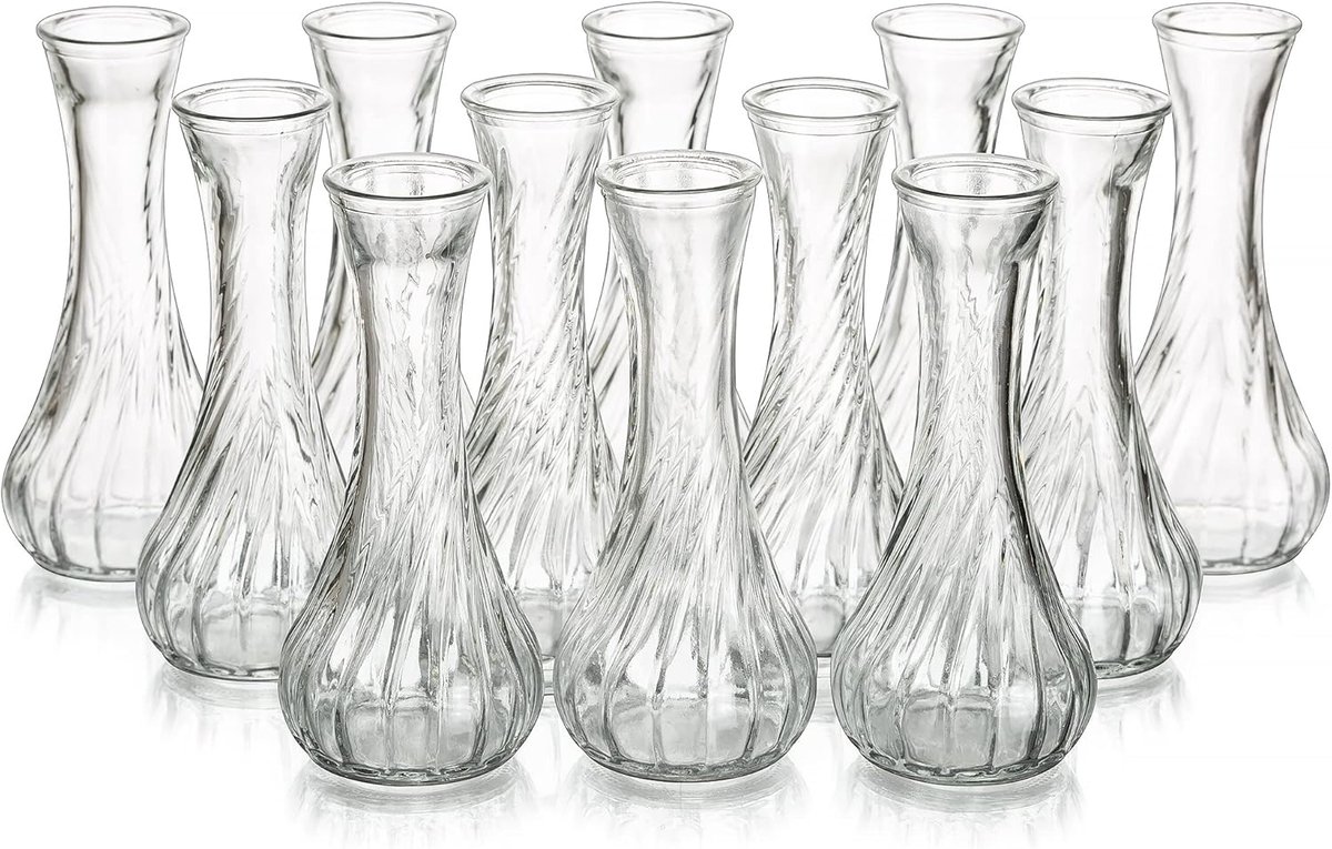 SnelShoppen - Glass Bud Vase voor Bloemen - Set van 12 Kleine Vazen in Bulk voor Tafel Bruiloft Centerpiece, Mini Ribbed Felroze Vaas voor Evenementen