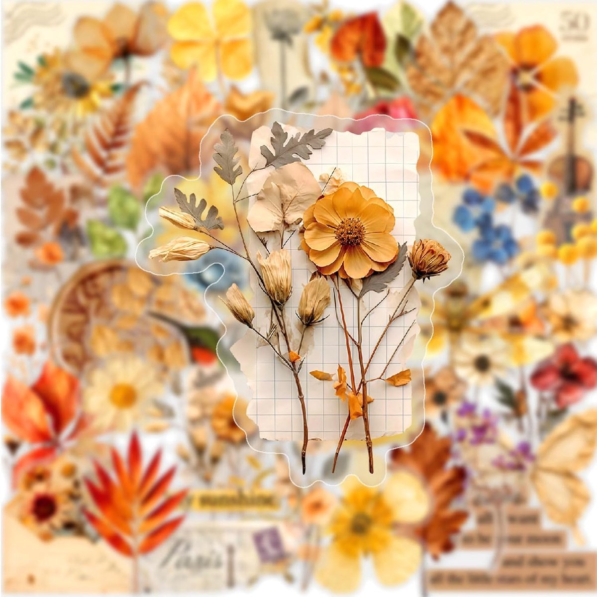 SnelShoppen - 50 Stuk Waterdichte Aesthetic & Vintage Bloemen Stickers voor Journal, Scrapbooking, DIY, Laptop, Notitieboek, Waterfles, Herfstkleuren,