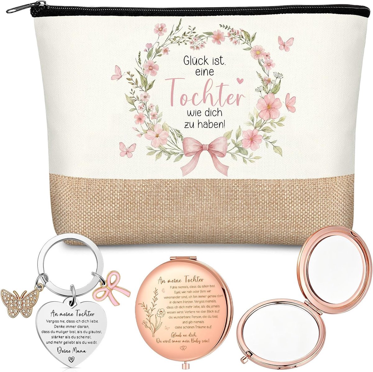 SnelShoppen - Cadeauset Voor Dochter van Mama - Jute Make-Up Tas, Hartvormige Sleutelhanger en Roségouden Spiegel - Verjaardags- en Afstudeercadeau