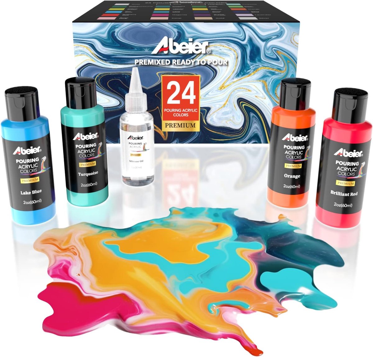 Thijox - ABEIER Acryl Gietverfset 24 Kleuren 60 ml - Voorgemengd High-Flow Vloeibare Verf voor Canvas, Glas, Hout, Papier, Tegels en Stenen - Perfect