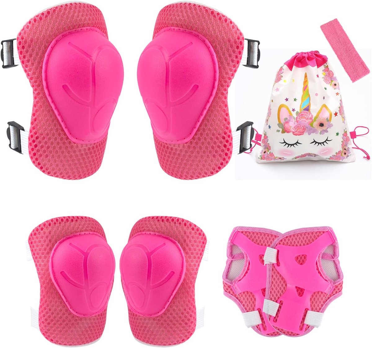 SnelShoppen - 8-delige Roze Kinderen Knie- en Elleboogbeschermers Set met Haarband en Opbergtas, Verstelbare Comfortabele Bescherming voor Roller Skat
