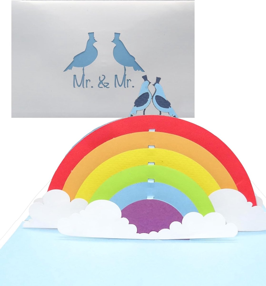 SnelShoppen - 3D Trouwringkaart Gay Wedding - Pop-up Kaart MR. & MR. - Uitnodiging, Cadeau, Gastenkaart - Kleurrijke Regenboog met Duifjes - Feestelij