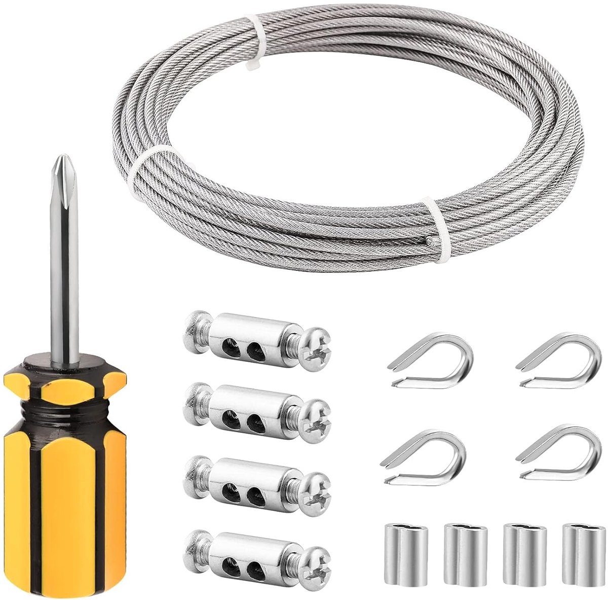 SnelShoppen - 10m 3mm RVS Kabel met Ogen en Klemmen, Stalen Tension Draad voor Tuin, Buitenverlichting, Omheining, 304 RVS, PVC Gecoat