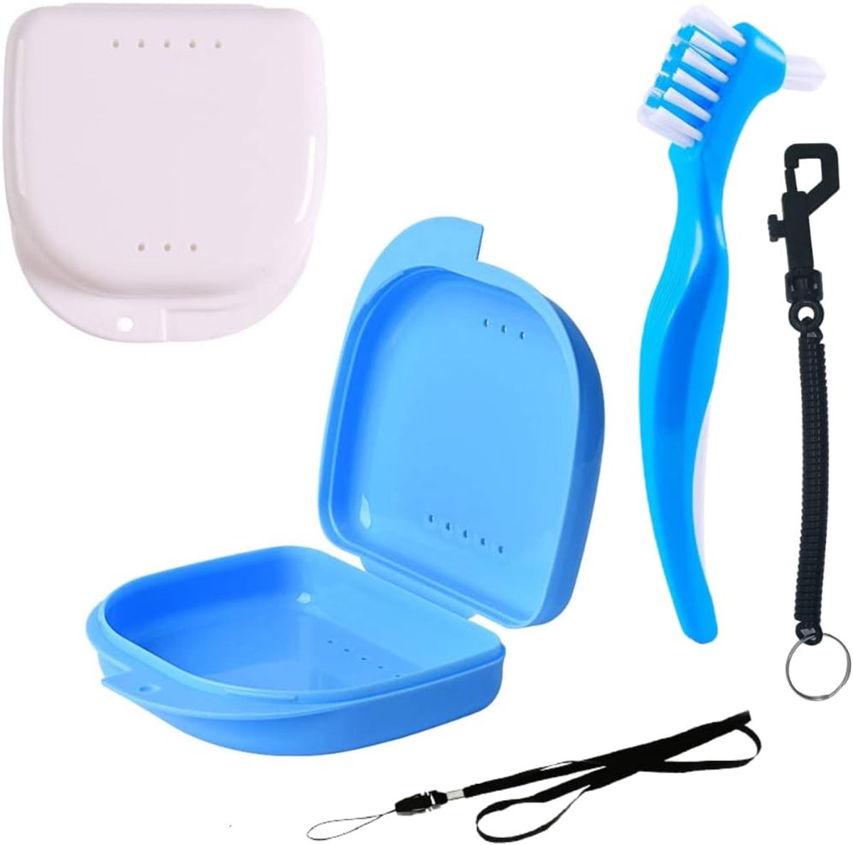 SnelShoppen - Set van 5 Orthodontische Dozen + Schoonmaakborstel | Inclusief Carabiner Koord en Halskoord voor Kinderen | Prothesendoos met Gaten voor