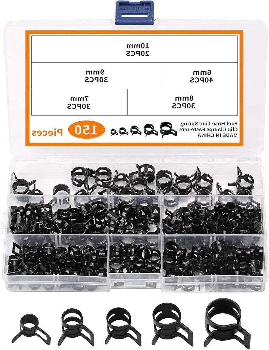 Complete Set van 150 Veer Slangklemmen, Zwart Gegalvaniseerd, Geschikt voor Brandstof, Water en Lucht, 6-10mm voor Auto- en Huishoudelijke Reparaties