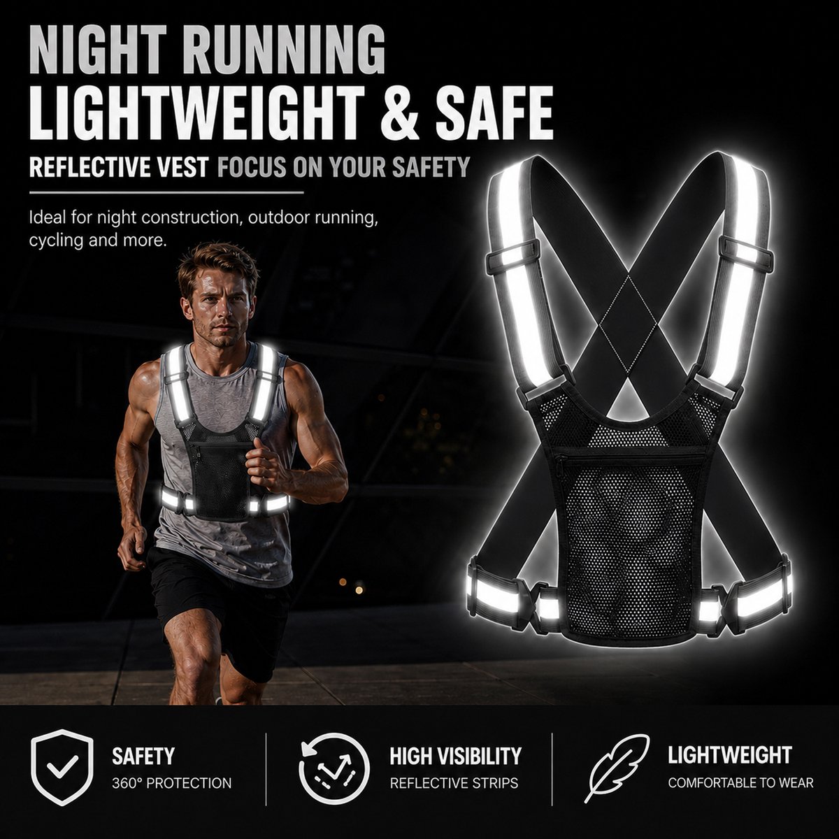 Reflecterend Fietsvest - Hoge Zichtbaarheid - Veiligheidsjack met Mesh & Zak - voor Outdoor Sport, Fietsen, Hardlopen - Zwart -2 Stuk