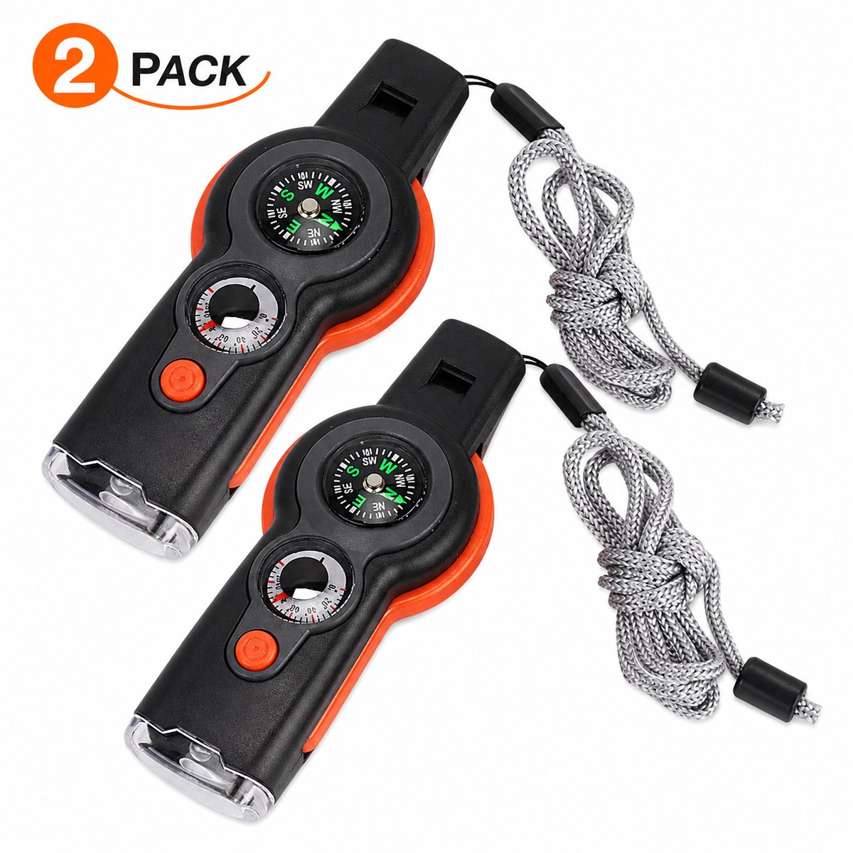 7-in-1 Noodfluit - 2 stuks Survival whistle - Veiligheidsfluitjes - met kompas, thermometer, vergrootglas, reflector en ledlampje - SOS fluitje met hangtouw