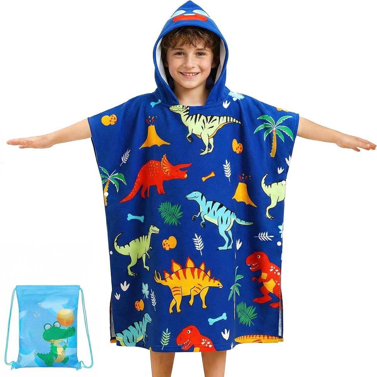 Hooded badponcho voor jongens van zachte microvezel, absorbeert water, 75x180 cm, ideaal voor strand en zwembad, geschikt voor kinderen van 6-15 jaar