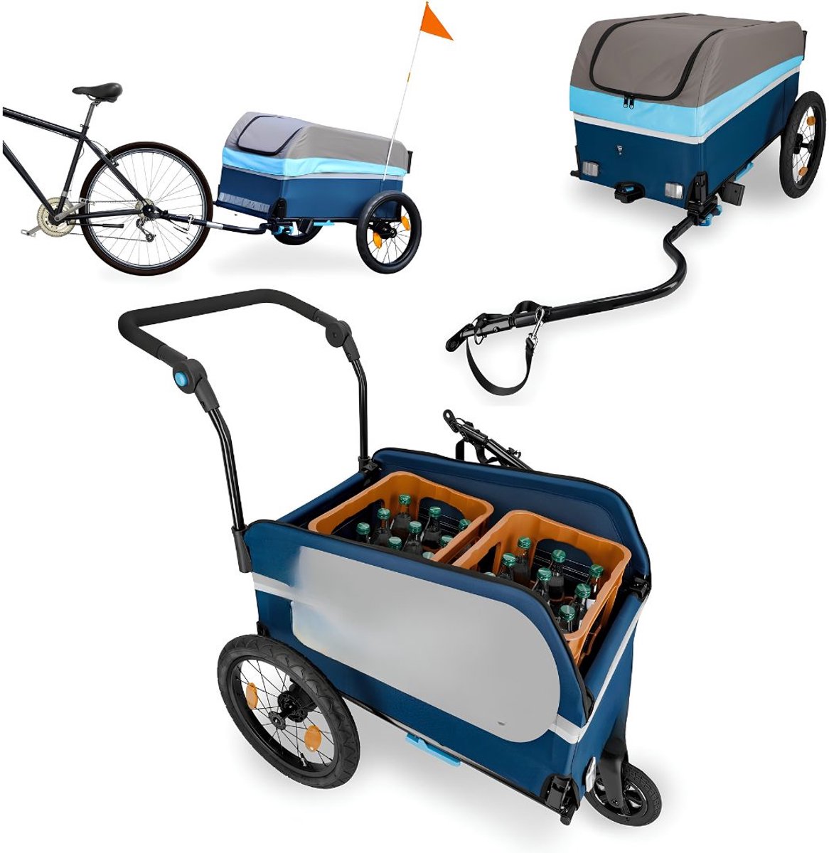 JCP® Fietskar - Opvouwbare Fietskar - Aanhangwagen voor De Fiets - Grijs/Blauw - 91cm x 66cm x 100cm
