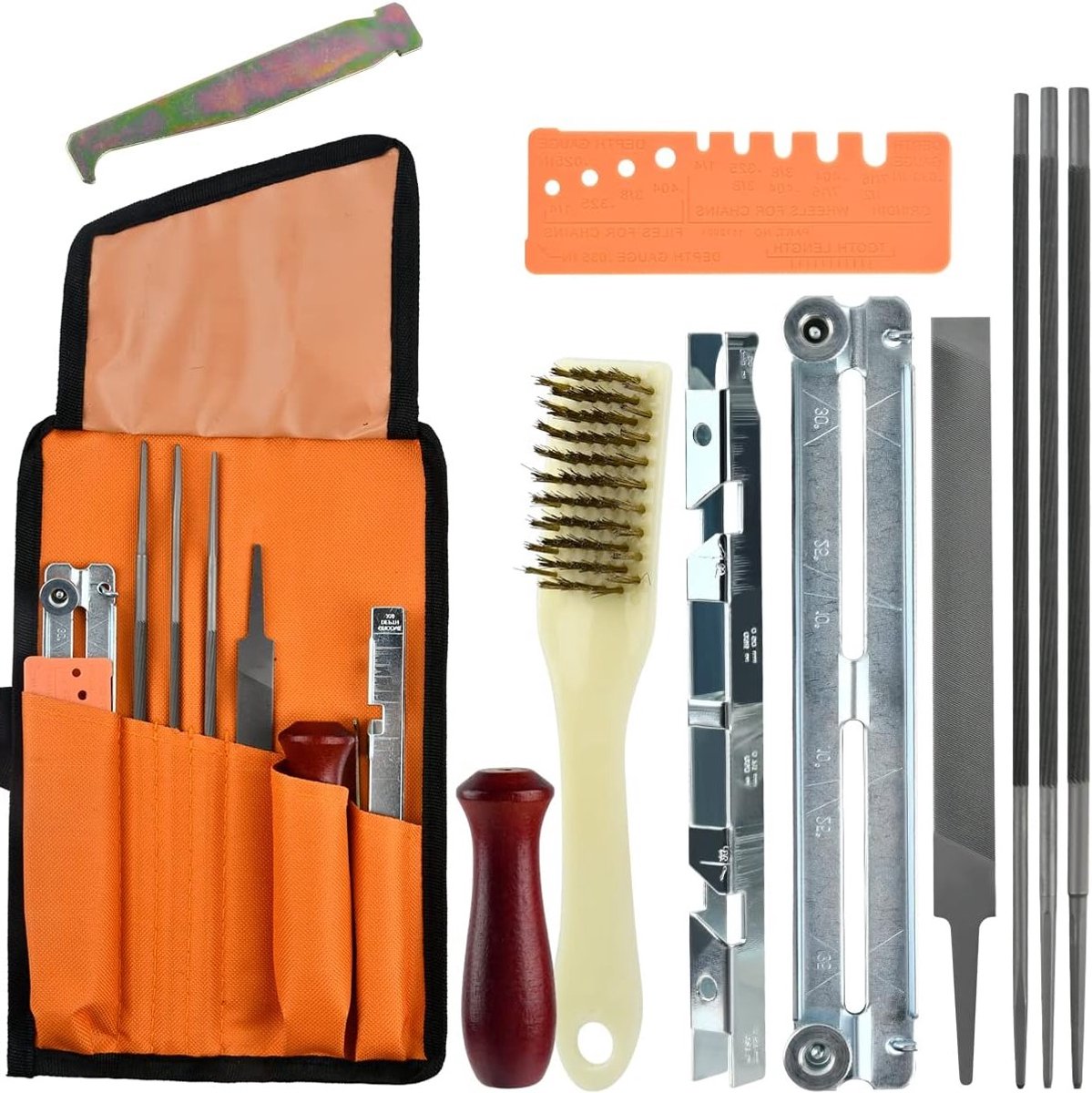 Complete 11-delige kettingzaag set met slijpgereedschap, diepte-instelling en handige tas voor optimale prestaties