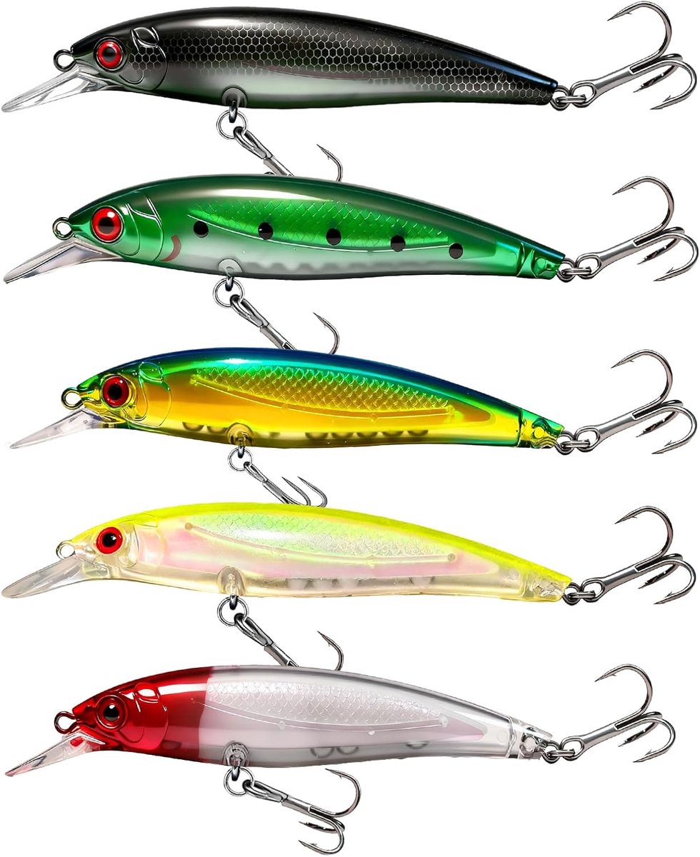 SnelShoppen - 5 stuks Snoekaas Wobblerset Kunstaas voor Snoekbaars, Forel, Baars, Corrosiebestendige Drieling Haken, UV-Actieve Kleurvarianten voor Zo