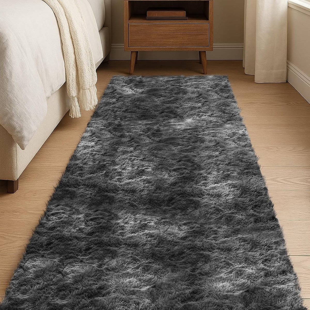 SnelShoppen - High Pile Runner 60x180cm - Zacht en Wasbaar Tapijt - Antislip Vloerkleed voor Slaapkamer, Hal en Woonkamer - Tie-Dye Donkergrijs