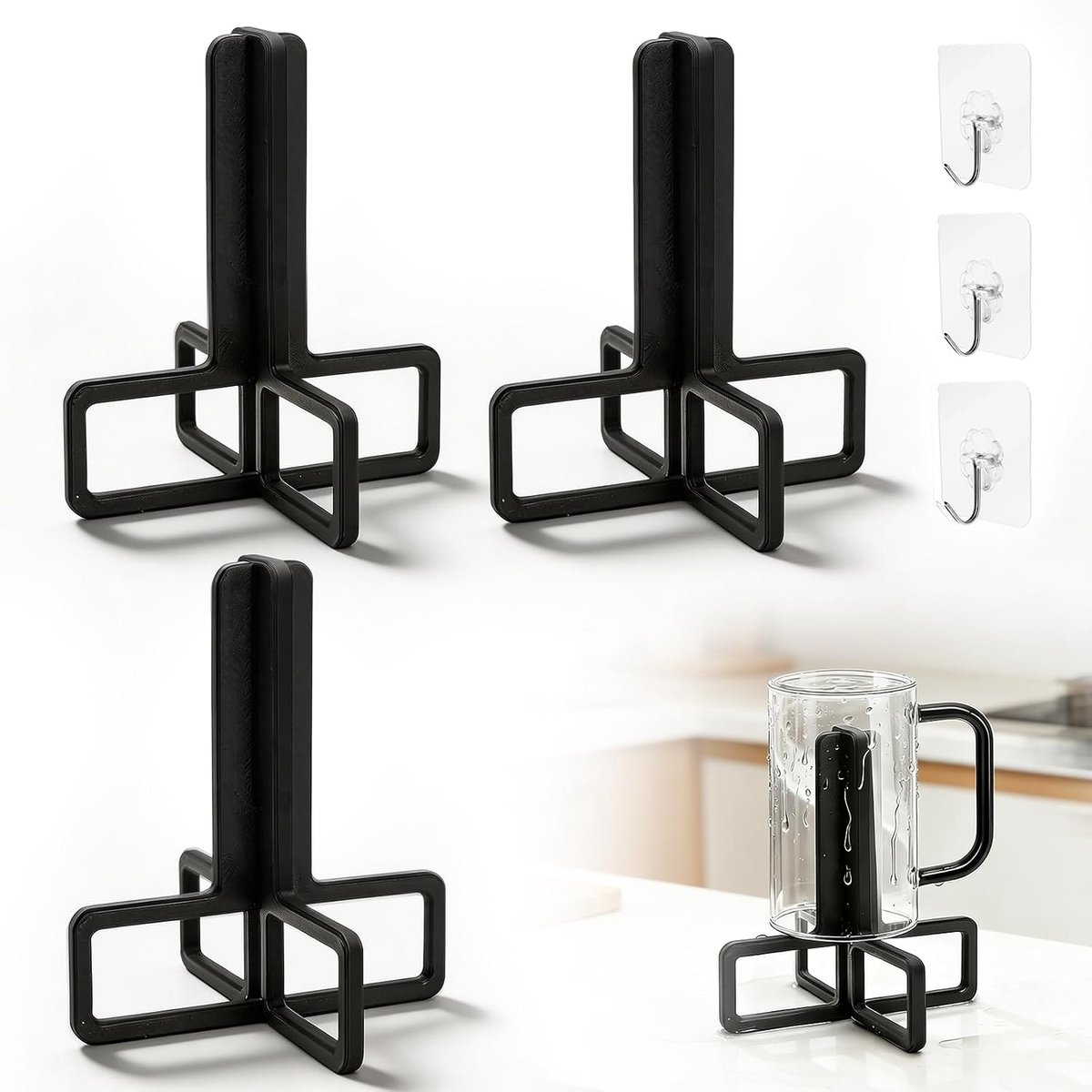 SnelShoppen - 3 stuks Afdruiprek voor Flessen - Droogrek voor Waterflessen - Flessendroger met Haken - Ideaal voor Babyflessen en Kopjes - Compact Zwa