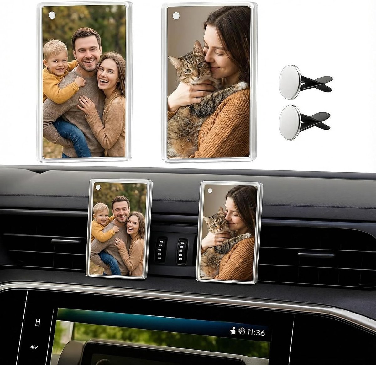 SnelShoppen - 2pcs Magnetische Auto Foto Houders voor Dashboard Ventilatie, Dubbelzijdige Acryl Fotolijst Clip, Horizontaal of Verticaal, Past Perfect