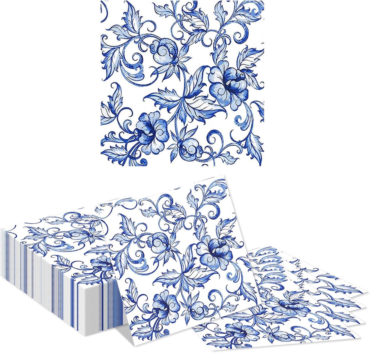 SnelShoppen - 40 Stuks Blauwe Witte Bloemen Papieren Servetten, Chinoiserie Motief met Rozen, 33x33cm Wegwerp Servetten voor Tuinfeest & Bruiloft