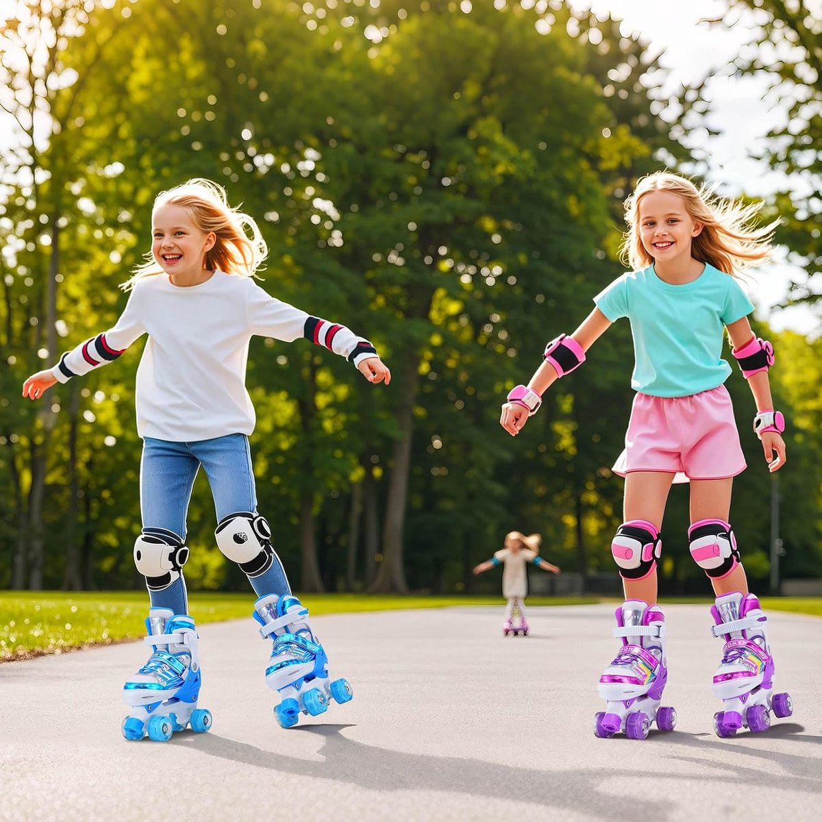 SnelShoppen - Roller Skates voor Kinderen - Verstelbare Quad Skates met 8 Verlichte Wielen - Veiligheidskenmerken voor Beginners - Paars - M (EU32-36)