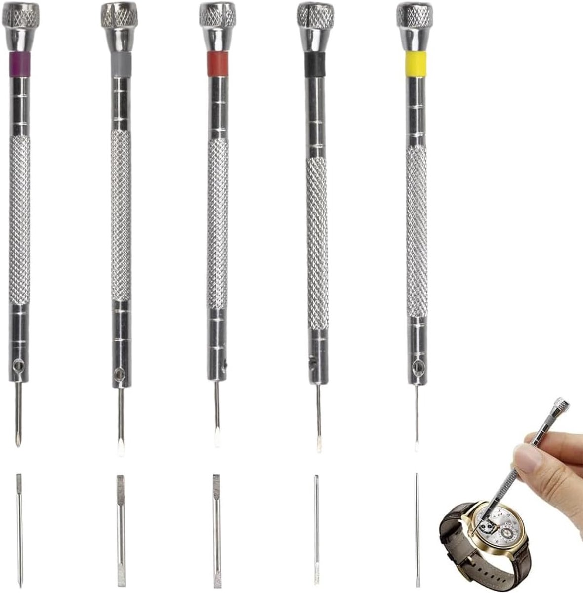 SnelShoppen - 5-delige Horlogemakers Schroevendraaierset, Precisie Schroevendraaiers 0.8mm-1.6mm, Magnetische Set voor Horloges, Brillen, Klokken, RVS