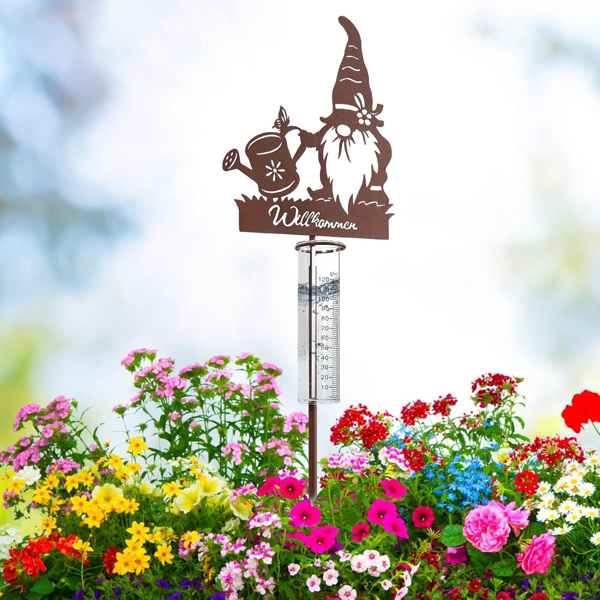 SnelShoppen - Decoratieve Regenmeter voor Tuin met Gnome Motief en Welkom Bord, 110cm Hoog, Weerbestendig Glas en Metaal, Perfect voor Balkon en Terra