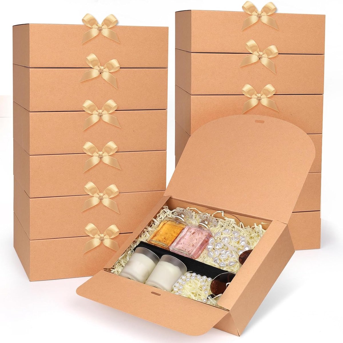 SnelShoppen - 12 Stuks Bruine Geschenkdozen met Deksel 27x20x8 cm - Grote Geschenkpakketten met Gouden Satijnen Lint voor Bruiloft, Verjaardag, Kerstm