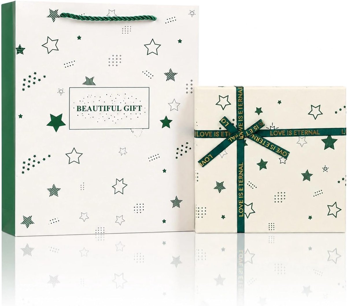 SnelShoppen - Groen-witte ster-geschenkdoos 20x18x8 cm met deksel, goudreliëf en geribbeld lint voor verjaardagen, Kerstmis, jubilea en meer