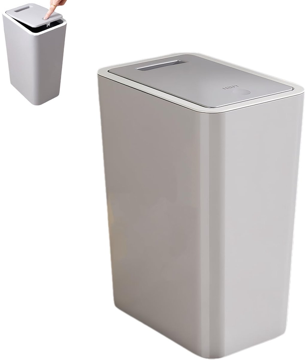 SnelShoppen - 10 Litre Badkamer Vuilnisbak met Deksel, Ruimtebesparende Afvalemmer voor Badkamer, Keuken, Kantoor, Woonkamer, Toilet - Grijs, Geurvrij