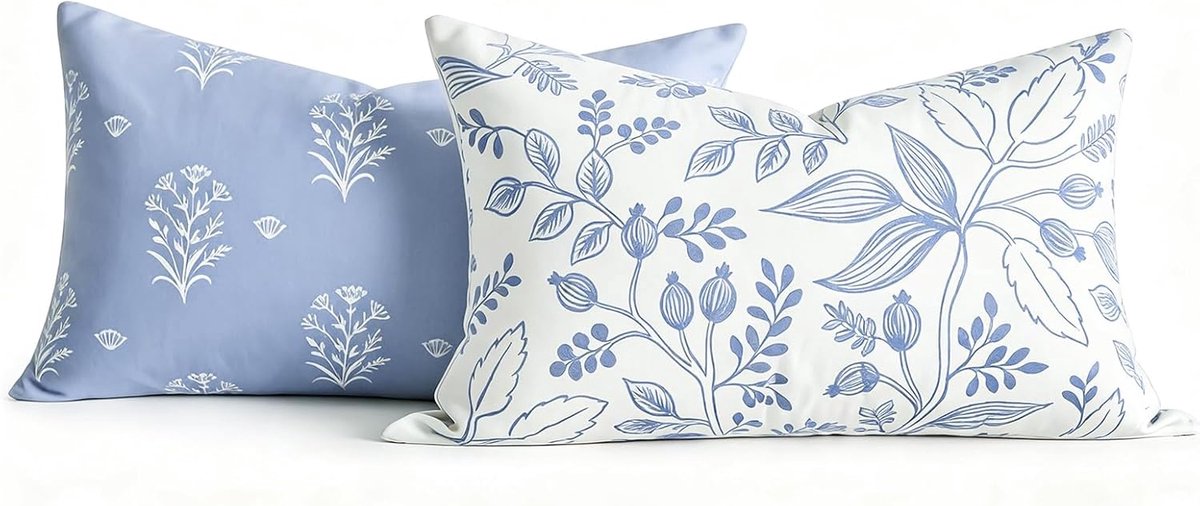 SnelShoppen - 30 x 50 cm Blauwe Bohemian Velvet Kussenhoezen Set van 2 - Reversible Botanische Print - Elegante Decoratieve Kussens voor Sofa, Slaapka