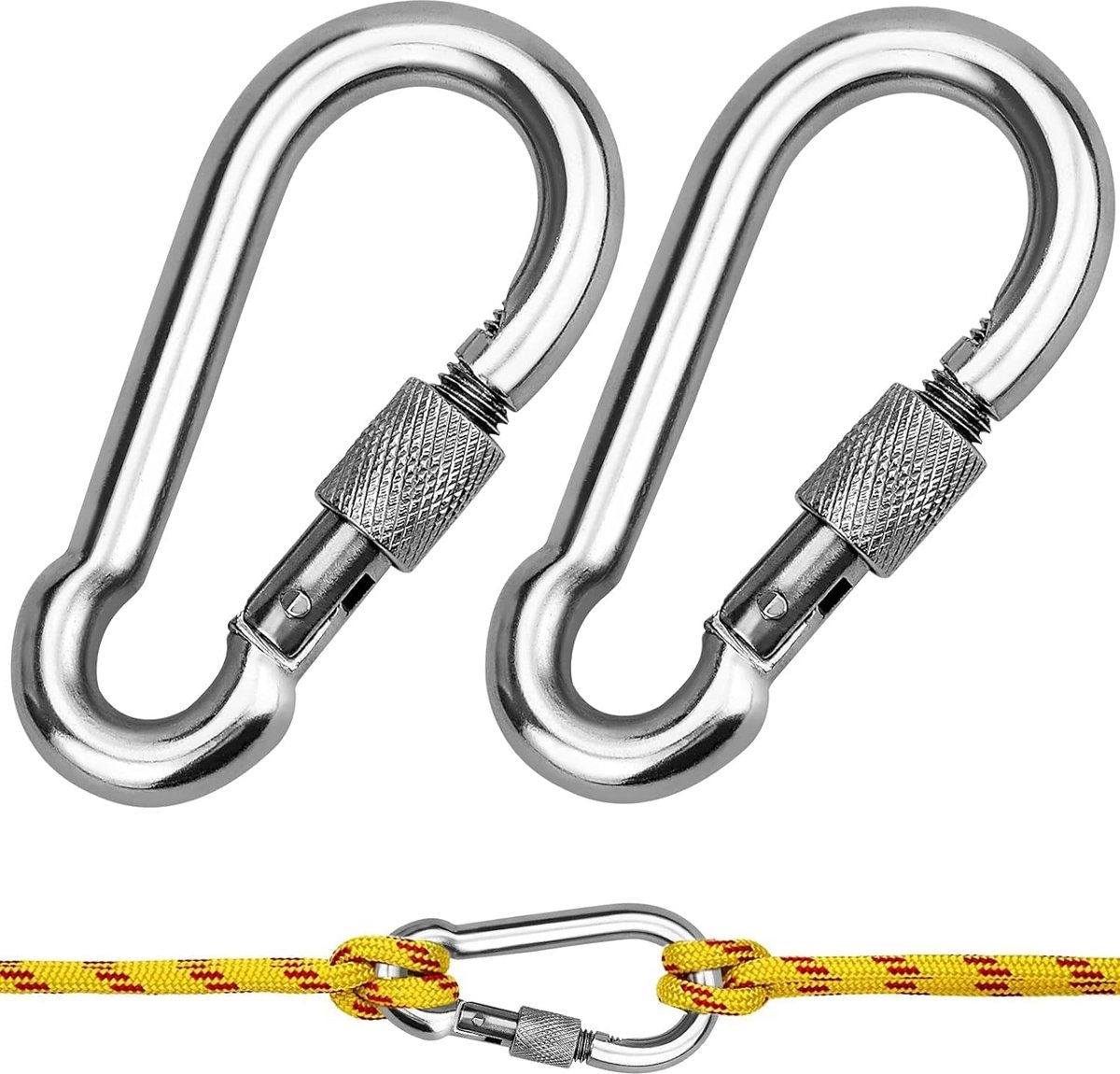 SnelShoppen - 2 Stuks Grote Schroef Carabiners 80mm x 8mm RVS met Klapsluiting - Krachtige Haken voor Outdoor, Camping, Veiligheid - Draagcapaciteit 4