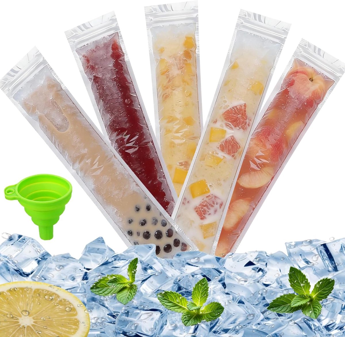 SnelShoppen - 100 Stuks IJscremepakken, BPA-vrije Vriezerzakken met Luchtdichte Sluiting voor Bevroren Yoghurt, Sap, Smoothies, Snoepjes, Inclusief 1