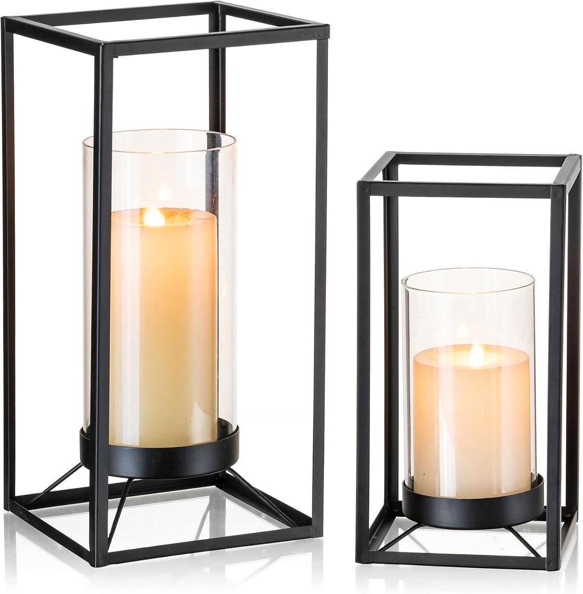 SnelShoppen - Set van 2 Moderne Lantaarns - Zwart Metaal en Glas - Decoratieve Kaarsenhouders voor Woonkamer, Eettafel en Feesten - Perfect voor Pilla