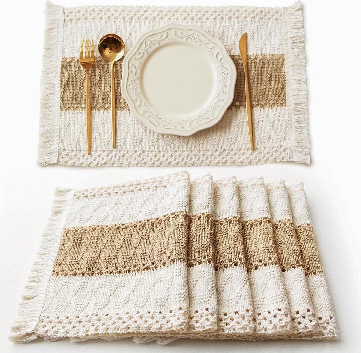 KZQ Handgeweven Boho Placemats Set Van 6 – Natuurlijk Katoen En Linnen – Decoratief Voor Keuken En Eettafel – Beige Bruin