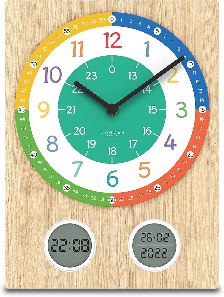 SnelShoppen - Geluidsloze Kinder Wandklok 35 cm - Leer - Analoge & Digitale Tijdsaanduiding - Kleurrijke Decoratie voor Jongens en Meisjes - Ideaal vo