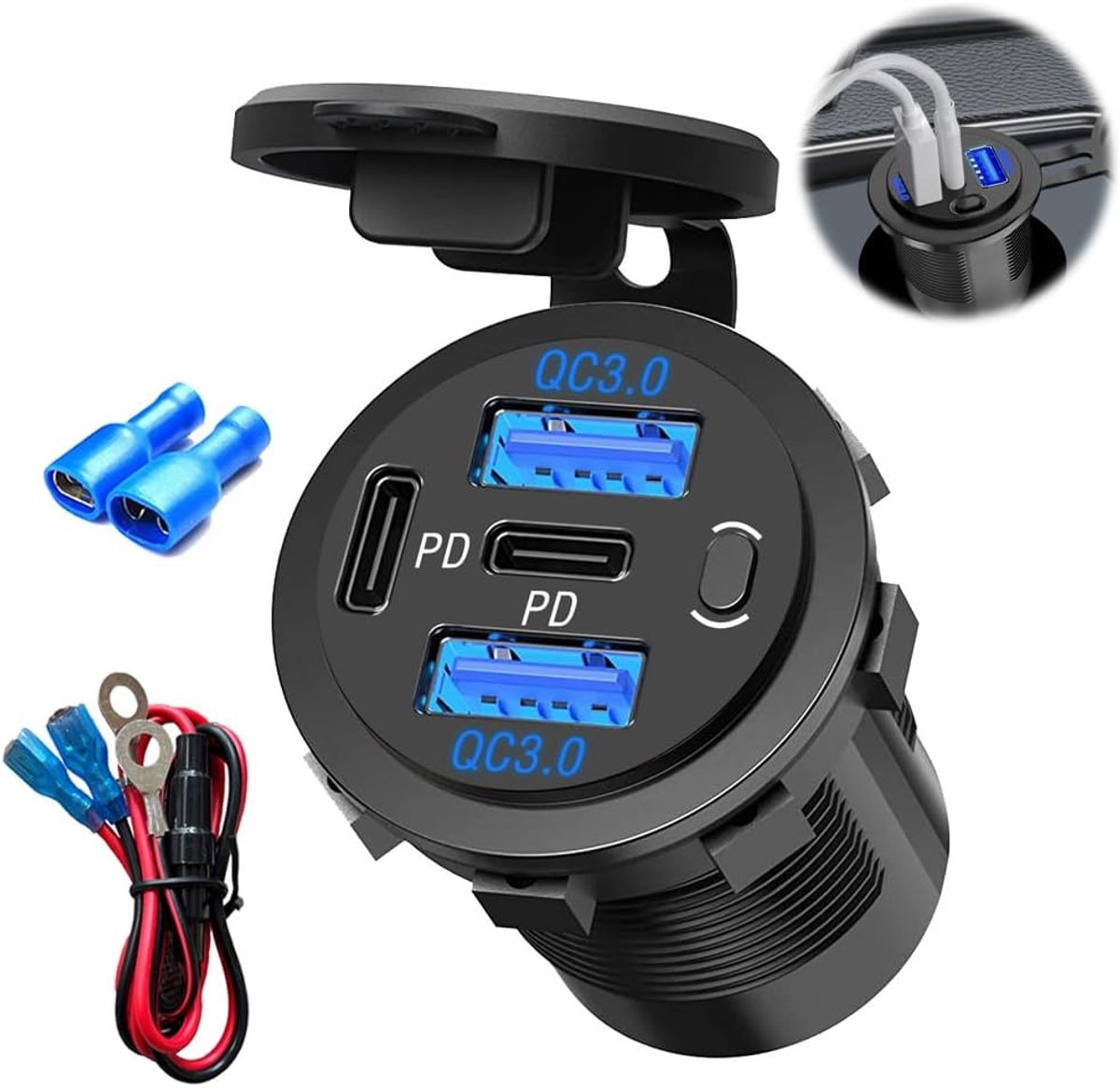 SnelShoppen - 108W 4 Poorts USB Auto Oplader, Super Snelle Dual PD3.0 en QC3.0, Meerdere USB Poorten voor Auto, Motor, Waterproof, Voor Boot en Motorf
