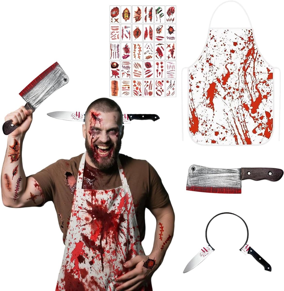Halloween Kostuum Schort met Grote Horror Keukenmes en 30 Stickers voor Feestdecoratie en Spelletjes