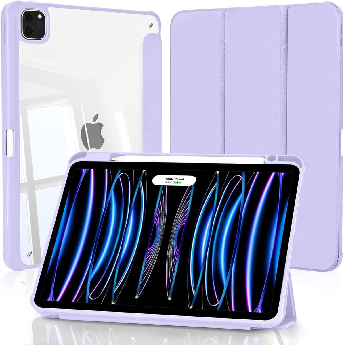 SnelShoppen - iPad Pro 11 inch Case 2022/2021/2020/2018, Shockproof Tablet Hoes met Pencil Houder, Slank Design, Transparante Hard Shell in Lilac Paar