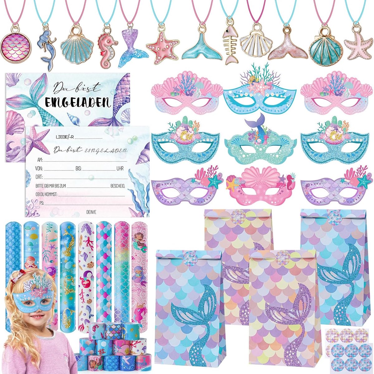 SnelShoppen - 60 Stuks Meermin Verjaardag Cadeaus voor Kinderen - Feest Favorieten met Uitnodigingen, Maskers, Kettingen, Slap Armbanden, Cadeautassen