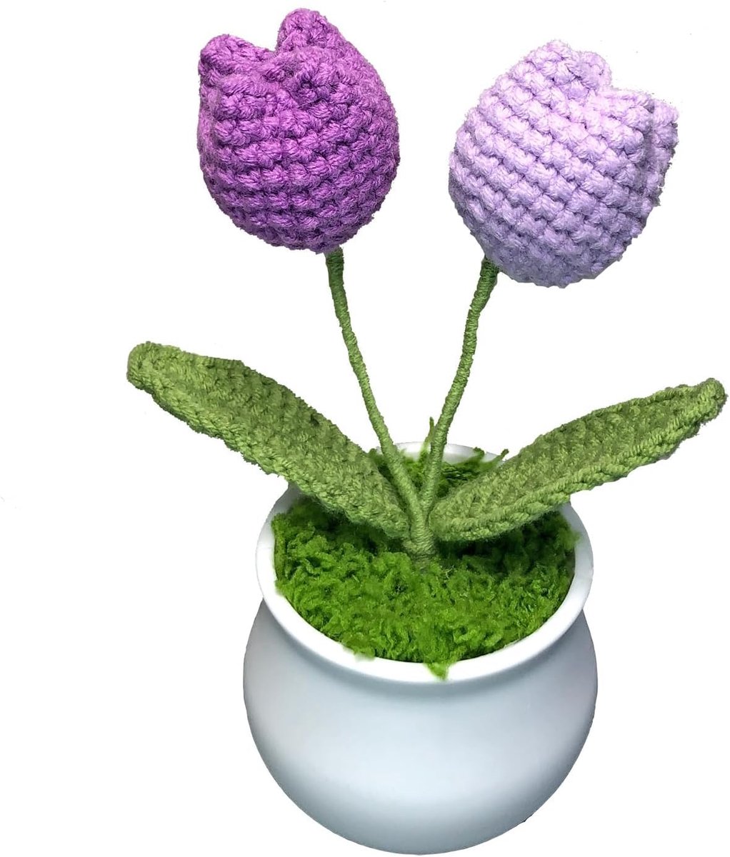 SnelShoppen - Mini Kunstbloemen Haakwerk Pluche Tulpen in Pot - Handgemaakte Decoratie voor Slaapkamer, Kantoor, Feest en Cadeau - Kleurrijke Neppflan
