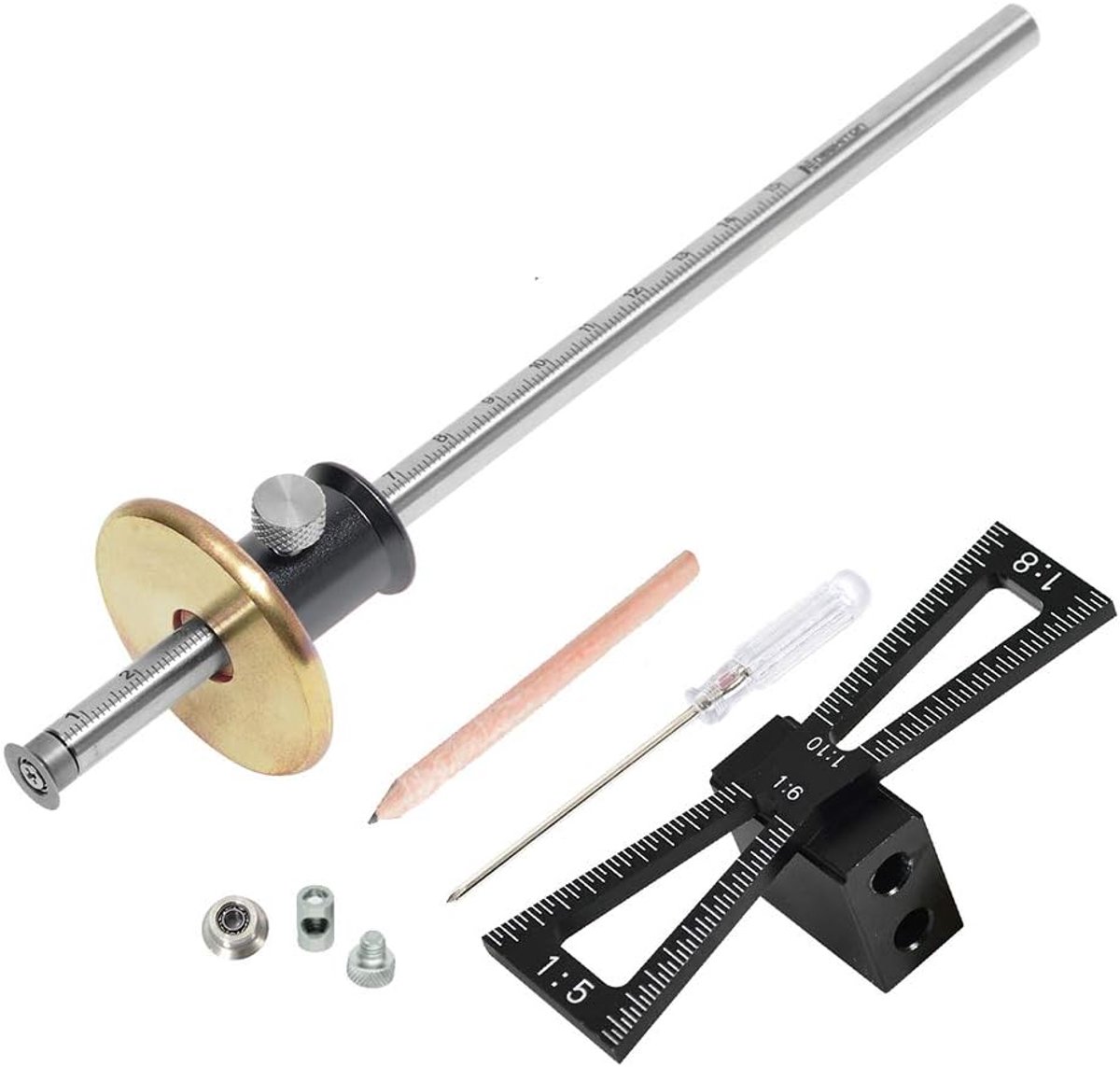 SnelShoppen - Dovetail Jig Wheel Marking Gauge Tool Set - 1 Bearing Cutter voor Zacht Hout, 1 Gesloten Cutter voor Hard Hout, 1 Schroevedraaier, 1 Hou