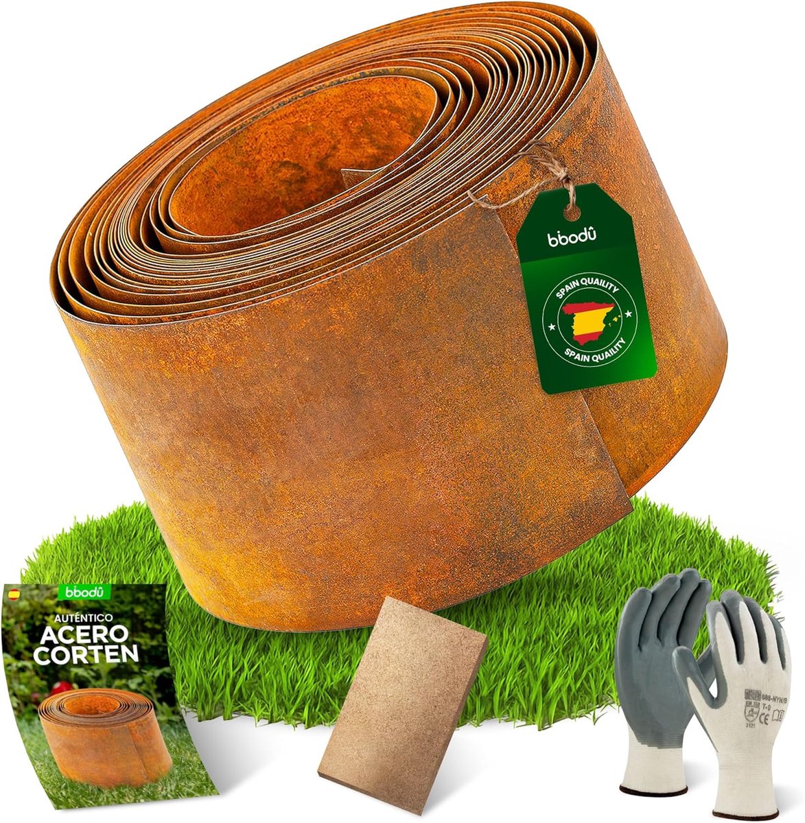 SnelShoppen - Corten staal grasrand, 10 m, tuinranding, 14 cm hoog, flexibel ontwerp, eenvoudig te installeren met handschoenen, houten pluggen en e-b