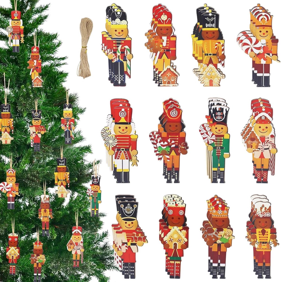 SnelShoppen - Nutcracker Soldier Hanger - 36 Stuks - Houten Kerstdecoratie - Herbruikbare Kerstboom Hangers - Sfeervolle Raamdecoratie voor Kerstfeest