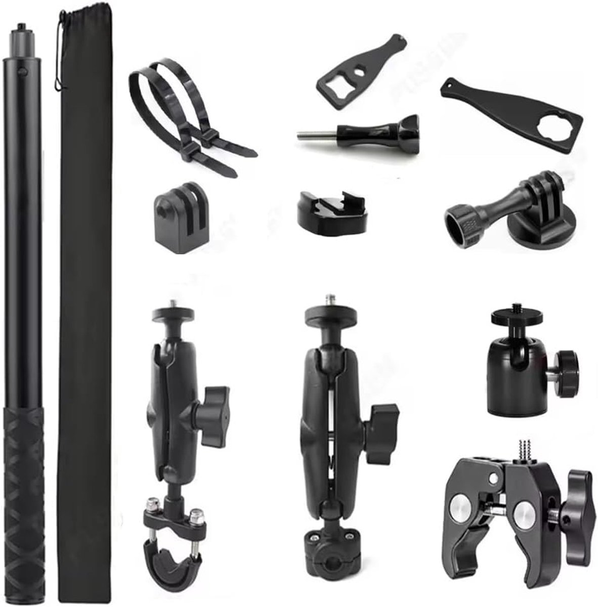SnelShoppen - Super Clamp Action Camera Mount met 193 cm Verstelbare Selfie Stick, 360 Graden Rotatie, Aluminium Stevige Bevestiging voor Motor en Fie