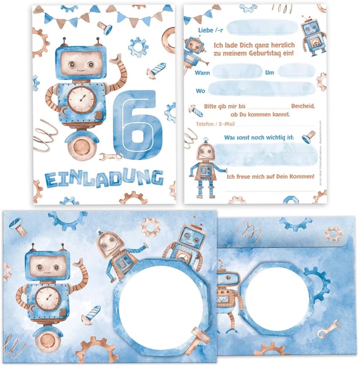 SnelShoppen - 12 Robot Uitnodigingskaarten voor Kinderen met 12 Enveloppen - A6 Formaat - Perfect voor 6de Verjaardag Feestje - Kleurige en Gedetaille