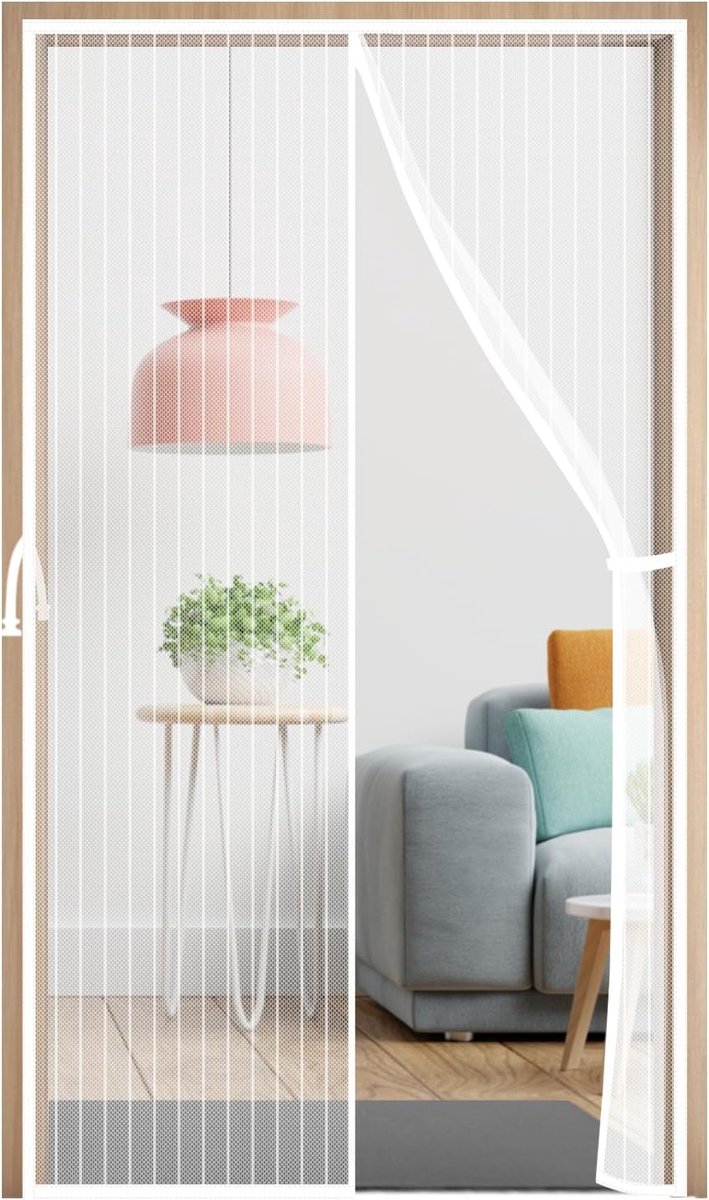 SnelShoppen - Magnetisch Deurscherm 95 x 210 cm, Versterkt Polyester Gaas, Automatische Sluiting, Voor Balkon, Patio en Voordeur, Wit