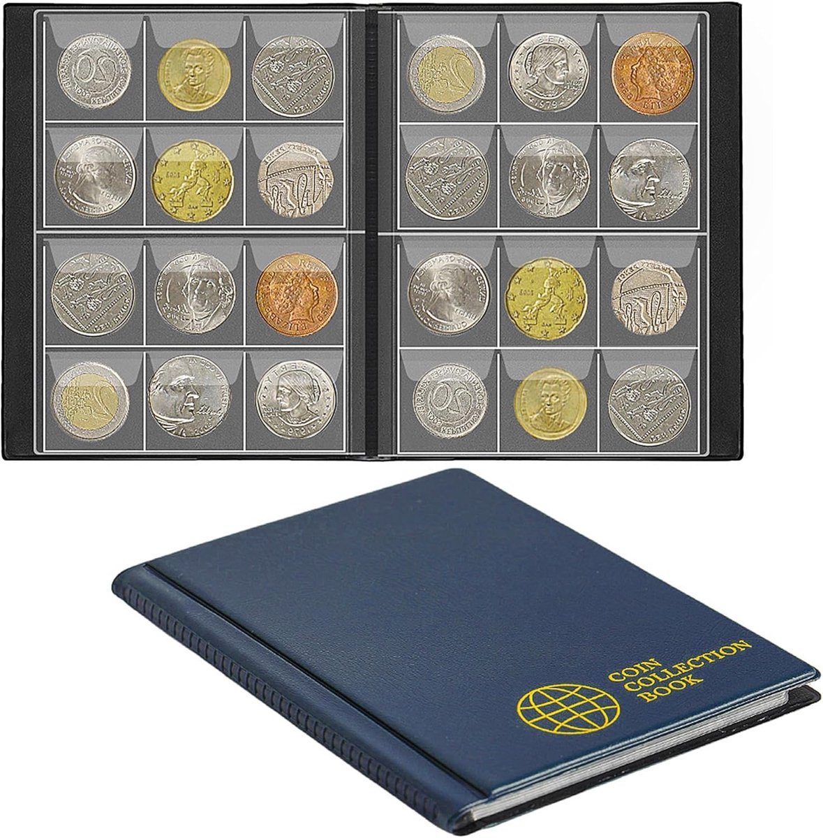 SnelShoppen - Coin Collector Album 120 Compartimenten voor Munten tot 25 mm - Coin Holder 30 x 30 mm - Opslagboek voor Penny, Euro CS0112BL