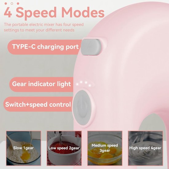 SnelShoppen - Draadloze Hand Mixer Mini Elektrische Handmixer USB Oplaadbaar met 4 Snelheden - Roze - Perfect voor Eieren Kloppen en Bakken in Keuken van Snelshoppen — afbeelding 3