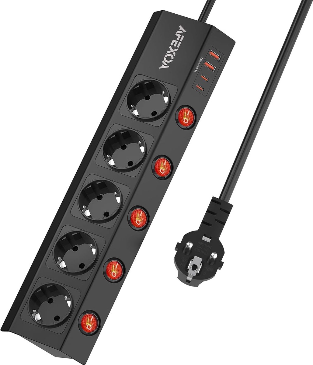 USB Stekkerdoos - Stroomverdeler Met USB - Apparaten Opladen - Individuele Schakelaars - 5 Stopcontacten - Zwart